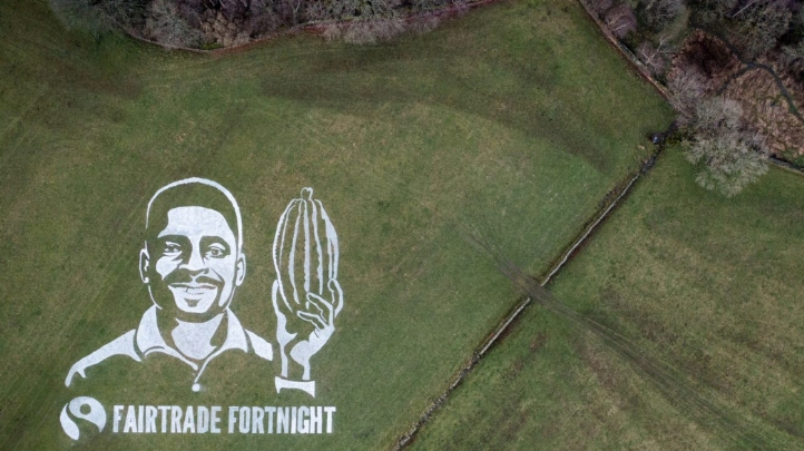 Pictured: A giant grass painting of Fairtrade cocoa farmer Bismark Kpabitey from Ghana, installed to mark Fairtrade Fortnight 2022